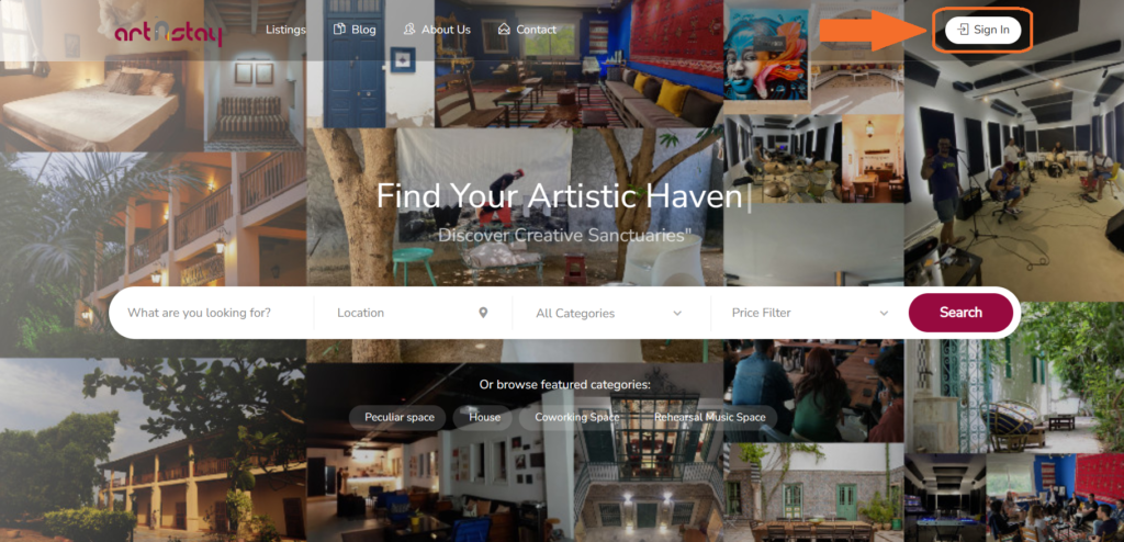 screen capture of home page of Art'n'Stay showing the sign in button